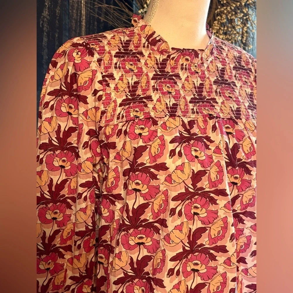 J. Crew Liberty Fabric Pink Floral Smocked Long Sleeve Top Button Back XS